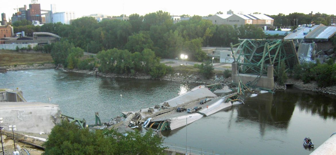 The scene at the I-35W Mississippi River Bridge, the first morning after its collapse. I35 Bridge Collapse